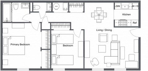 Floor plan for 2 beds, 1.5 baths, 990 sqft